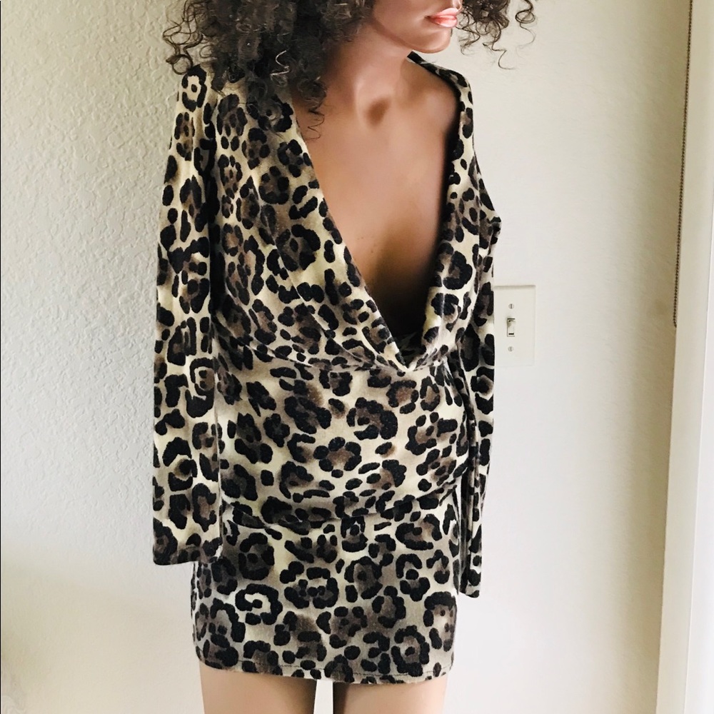 Vintage 90’s LEOPARD COWLNECK Mini SWEATER Dress M - Picture 5 of 6